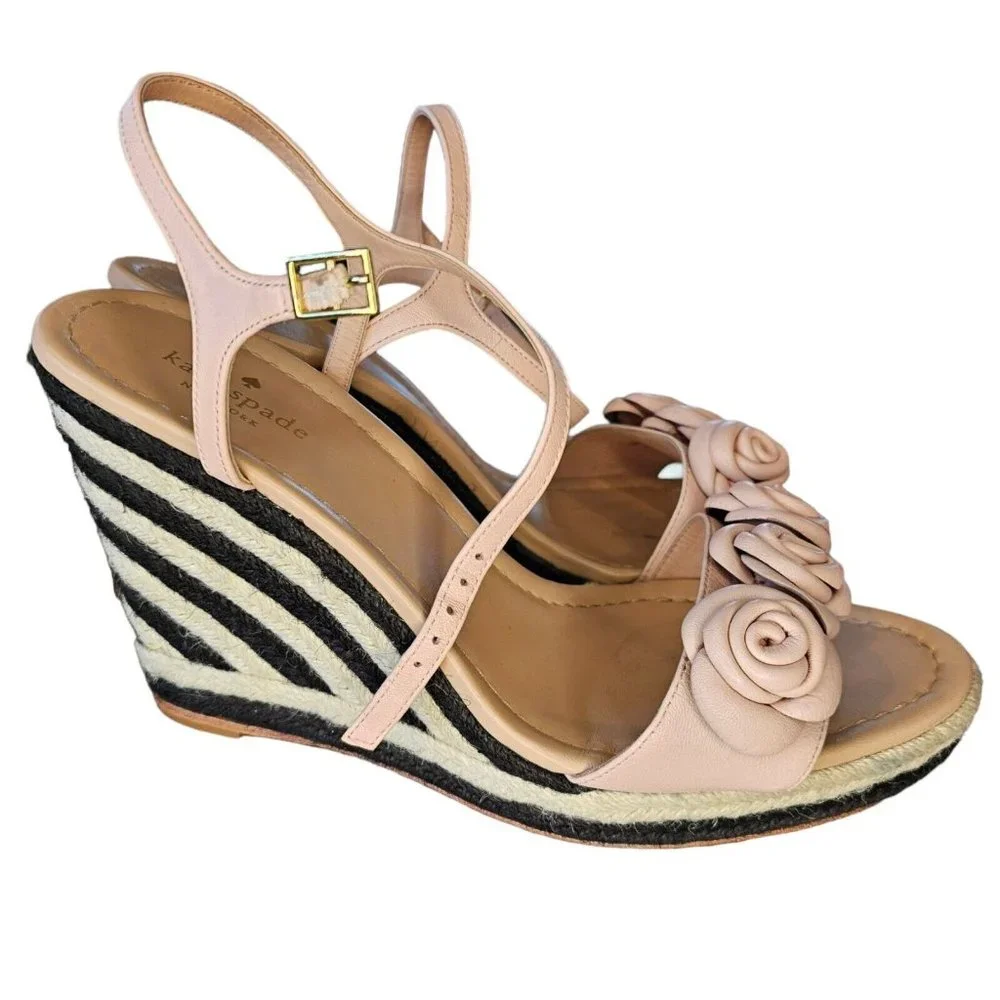 Kate Spade Jill Pink Puff Leather‎ Rosette Black White Woven Raffia Wedges Sz 10